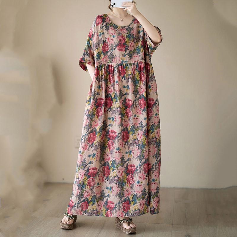 Short Sleeve Plus Size Cotton Vintage Floral New In Dresses for Women Casual Loose Long Summer Dress