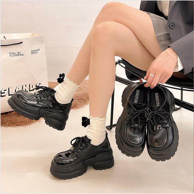 Popular Black Lace-up Platform Muffin Leather Shoes 2025 Spring and Autumn New Versatile Retro British Style Heightening Single Shoes