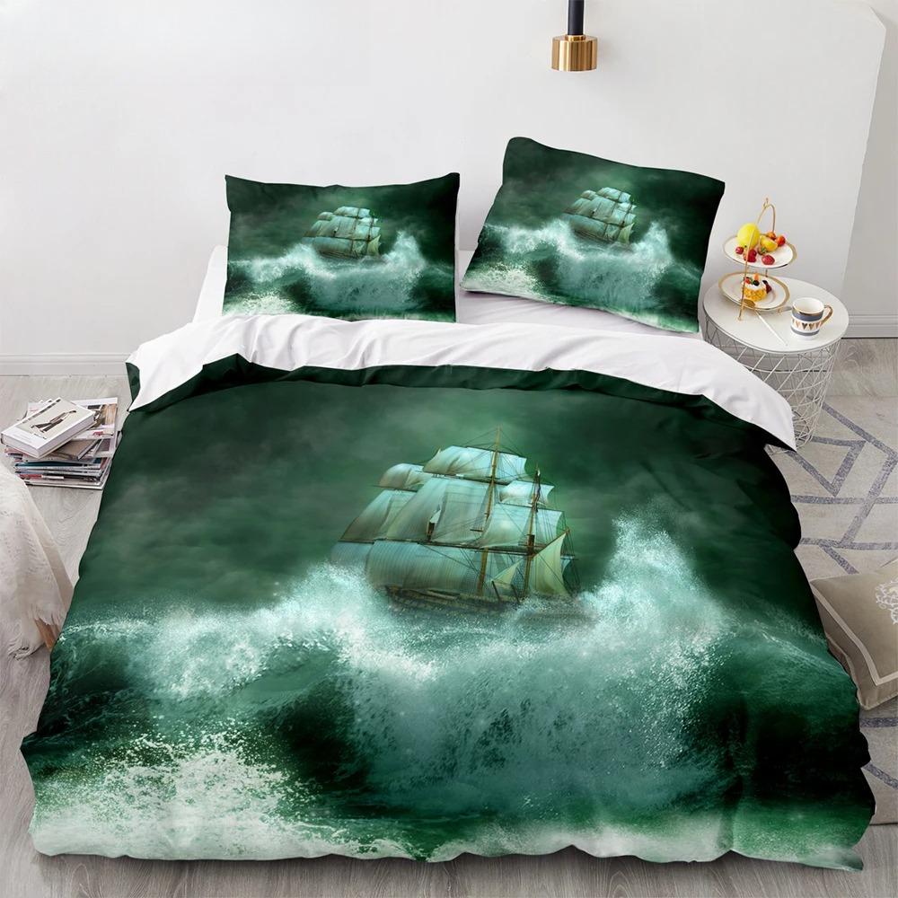 Винтажный пододеяльник с изображением парусника, короля и королевы, комплект постельного белья с изображением океана для подростков и взрослых, с изображением корабля и огня, черный, 2/3 шт., полиэстер, пододеяльник
