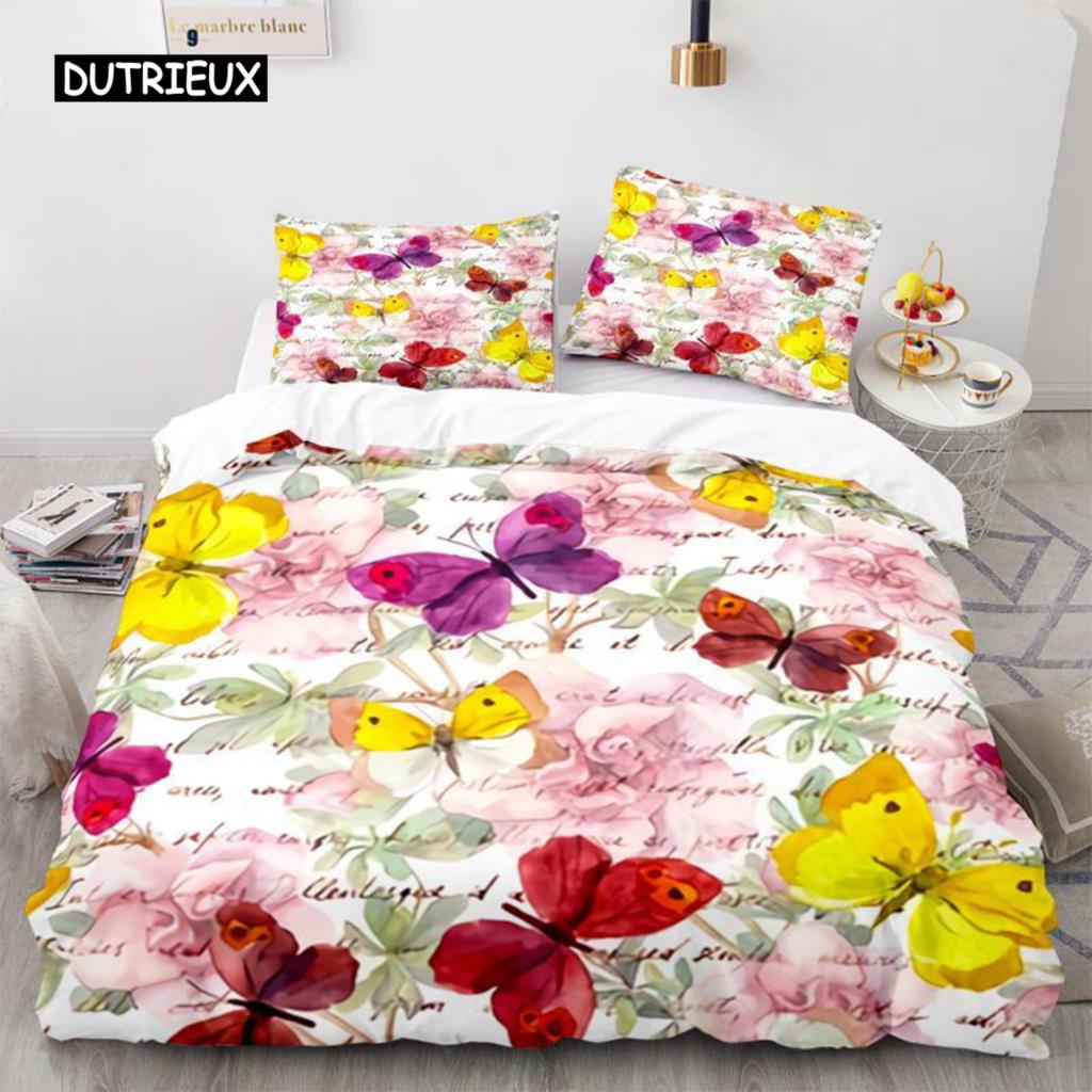 Комплект постельного белья с бабочками, комплект постельного белья с 3D-принтом в виде фиолетовой бабочки и цветочным принтом, фантазийная тема, одеяло размера «king size» для девочки