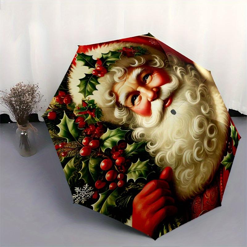 Santa Claus, Christmas Theme 8 Bone Hand Automatic Folding Umbrella, Compact and Portable Design, A Perfect Gift for Birthday, Christmas or