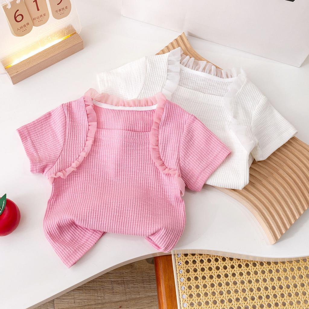 Летняя футболка с короткими рукавами для девочек с кружевом и кружевными рукавами, универсальный и модный топ из ледяного шелка