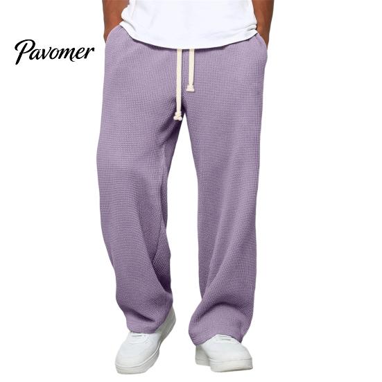 Lightweight Breathable Bottoms Men Waffle Baggy Trousers, Wide Leg Drawstring Waist Slacks, Loose Fit Soft Polyester Streetwear Casual Sweatpants with