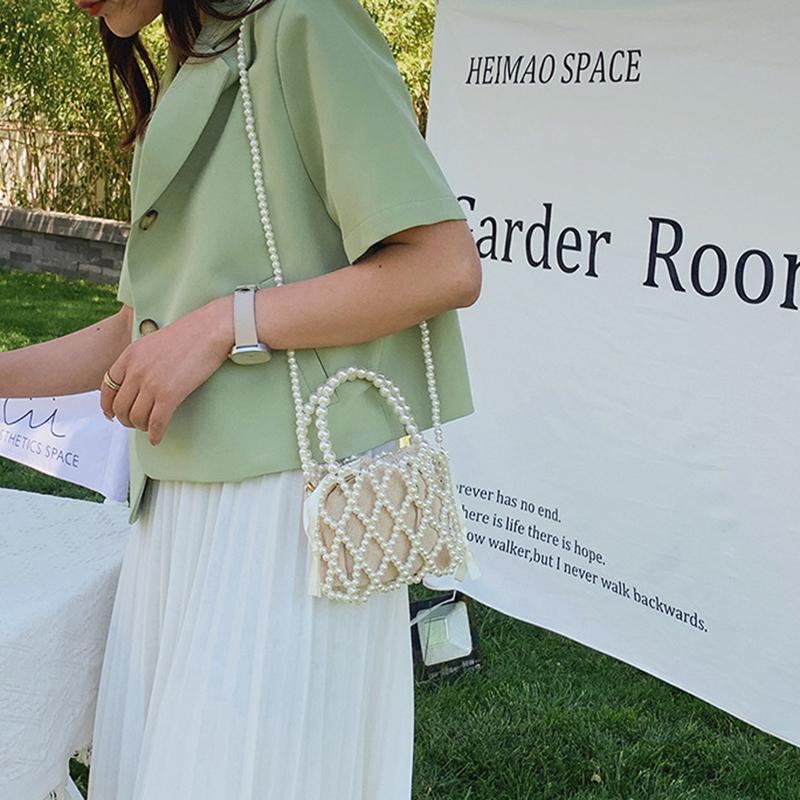 Yogodlns Сумочка в стиле французского ретро, тканая из феи, сумка-мешок из бисера, сумка через плечо, летняя нишевая дизайнерская сумка с выдолбленным жемчугом