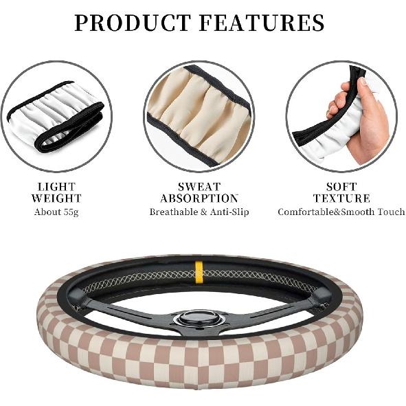 Khaki Checkered Steering Wheel Cover For Women,Universal Auto Steering Wheel 14-15 Inch Car Interior Accessories With 2PCS Car Coasters,Suitable For