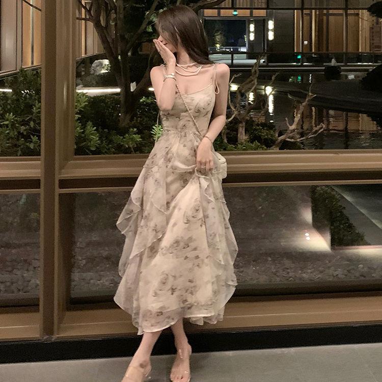 Винтажное принтованное платье для женщин с бретельками без рукавов, облегающее, с оборками, шифоновое, повседневное, корейское, длинное, женская одежда, лето