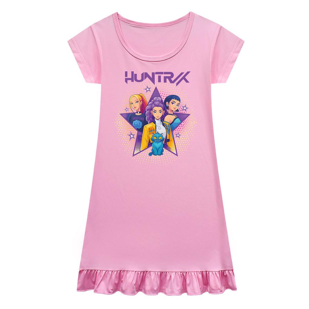 Kids Girls Anime Cartoon K-POP Rumi Print Pleat Short Sleeve Casual Round Neck Dress