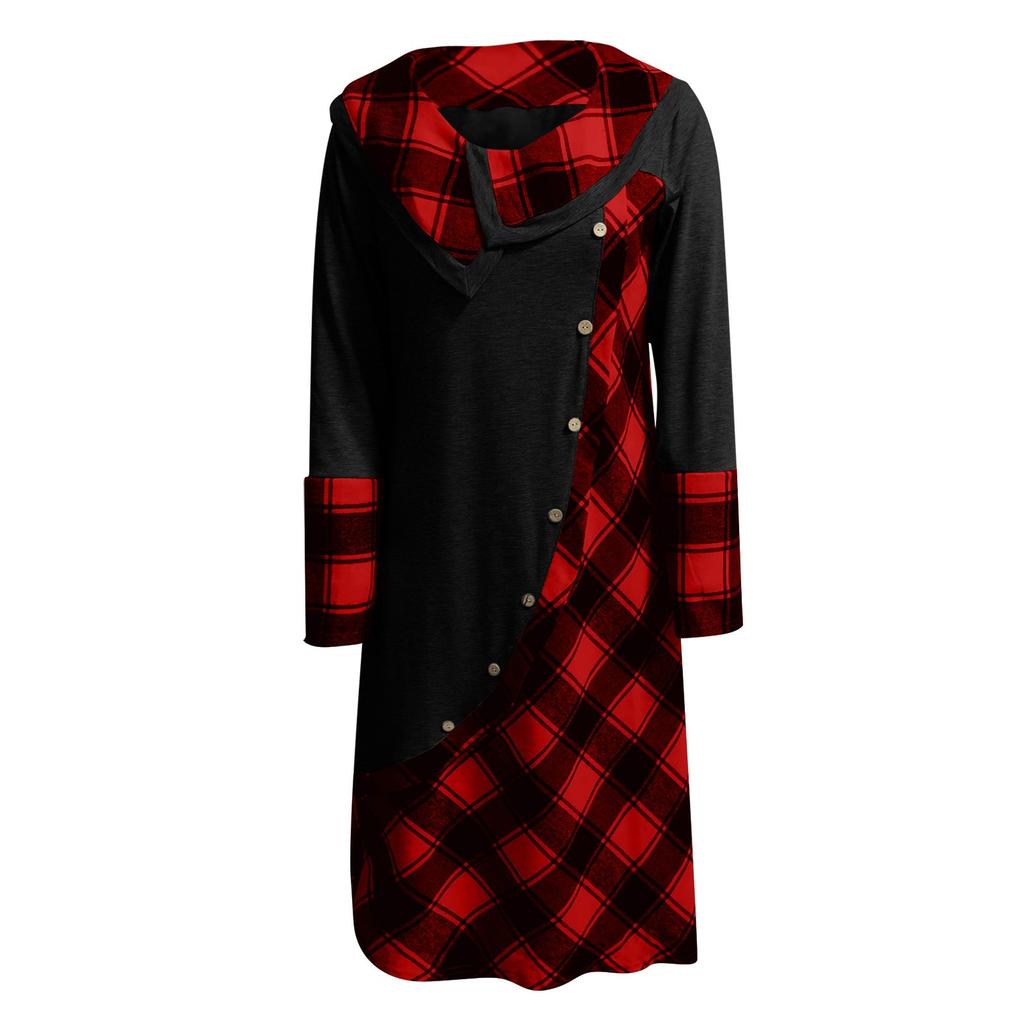 Women's Fashion Plaid Stitching Button Pockets Pile Neck Long Sleeve Dress