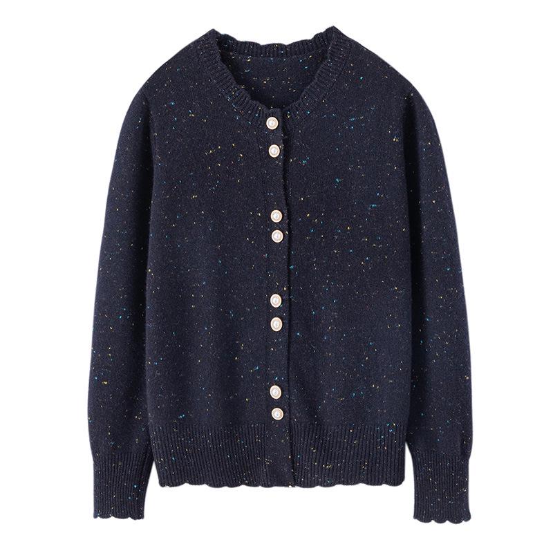 Women's Sweet Style Dot Yarn Round Neck Cashmere Cardigan with Lace Trim