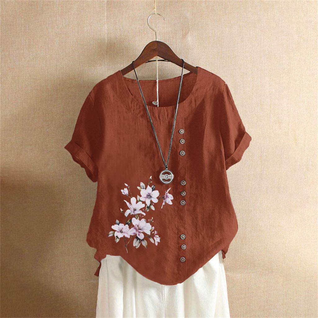 Хлопковая и льняная женская одежда Лето и осень Ретро Повседневная свободная хлопковая и льняная футболка с коротким рукавом Женская одежда больших размеров