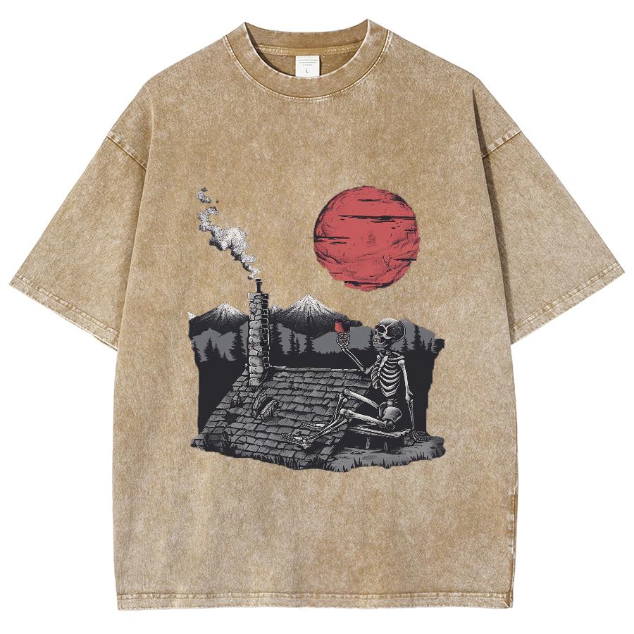 Женская хлопковая футболка с принтом «Японский череп и закат» из города, свободного покроя, со средним рукавом, повседневная, простая, модная
