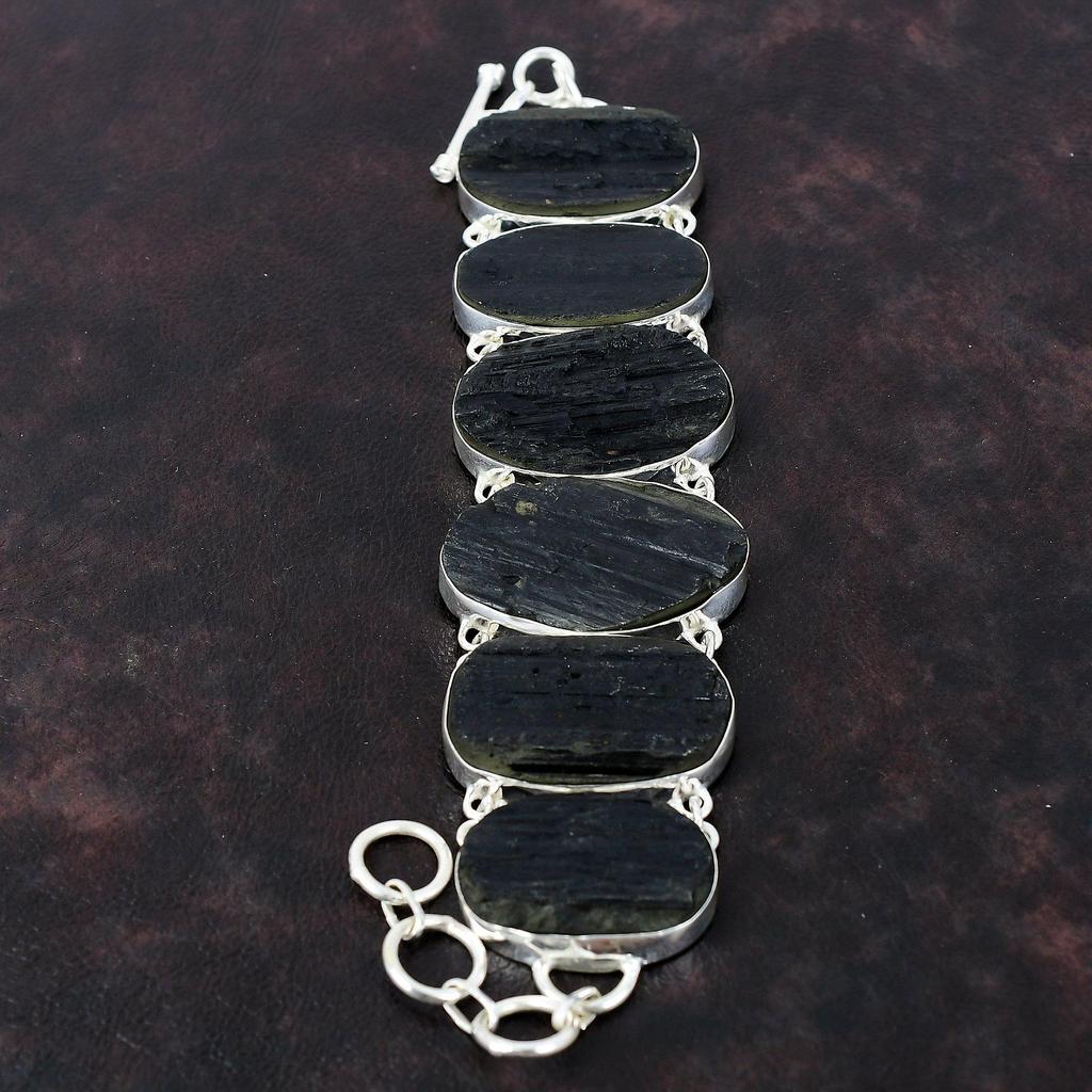 Браслет из черного турмалина, браслет из натурального драгоценного камня, браслет из стерлингового серебра 925 пробы, регулируемый браслет-цепочка, ювелирные изделия ручной работы для подарка