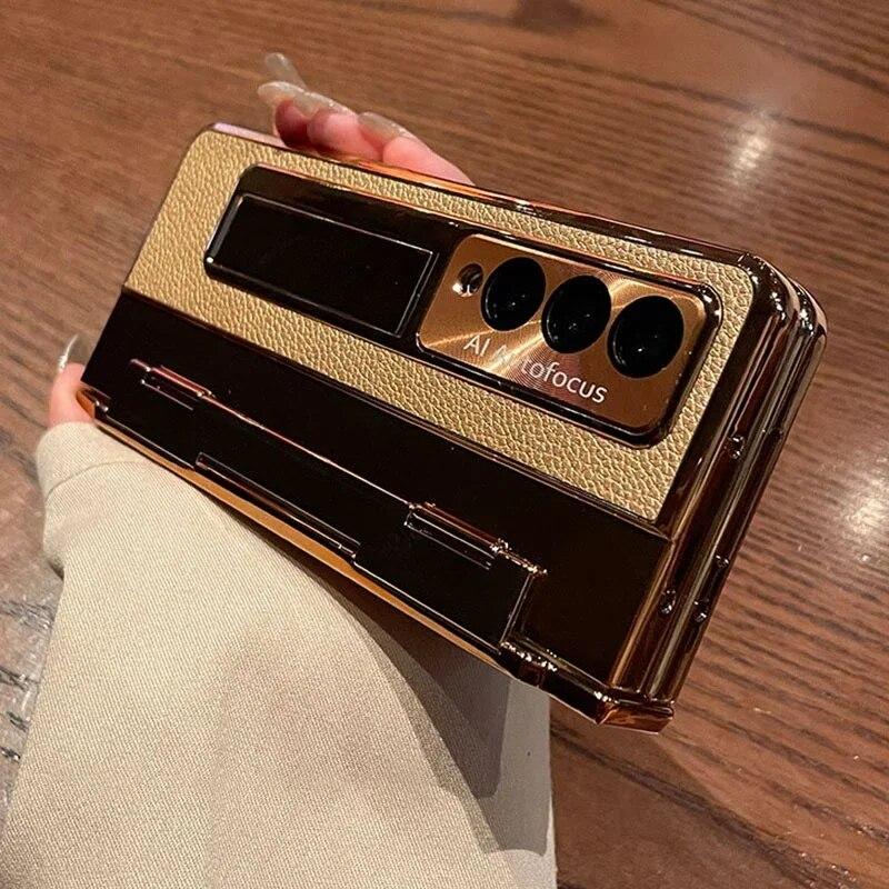 Для Samsung Galaxy Z Fold 5 Z Fold 4 Z Fold 3 5G чехол с защитной пленкой для экрана Роскошный кожаный цельный чехол-подставка золотого цвета