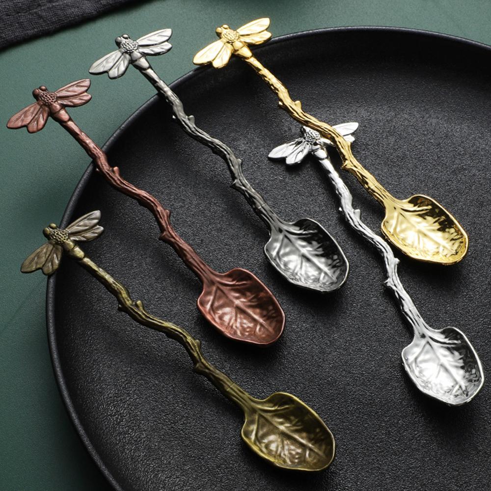 Retro Koffie Lepel Libel Twijg Decoratieve Roerlepel Legering Leaf Bos Stijl Draagbare Dessert Lepel Thee Lepel