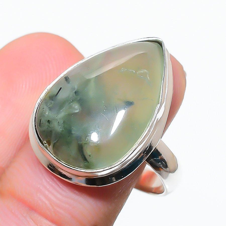 Prehnite Gemstone Handmade 925 Sterling Silver Jewelry Ring Size 7.5 GK-823
