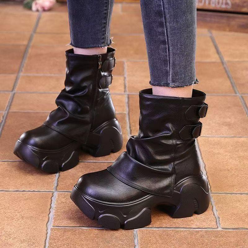 Fall/Winter High Top Booties Fashion Round Toe Metal Buckle Side Zip Platform Versatile Pant Boots