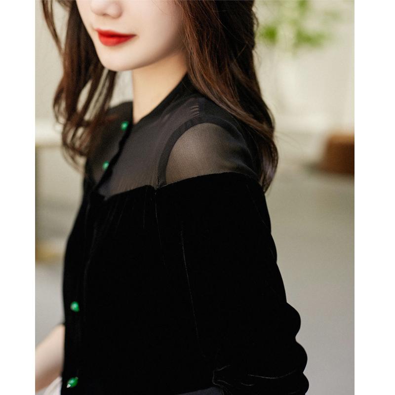 Сексуальная прозрачная сетчатая блузка с пэчворком, элегантная и шикарная, женская, весенне-летняя мода, воротник-стойка, длинный рукав, черный топ, женская блузка