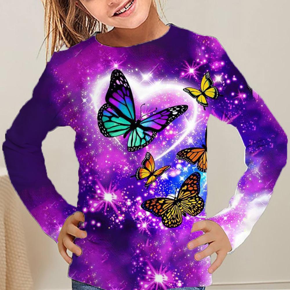 2024 Летняя детская одежда для девочек Футболки с принтом бабочки 3D, детская одежда с круглым вырезом, цельная футболка с коротким рукавом для девочек