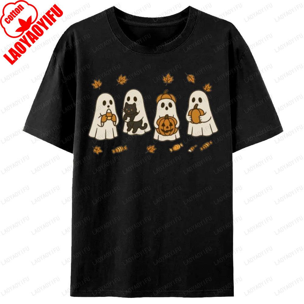 Spooky Season Ghost Cat Pumpkin Halloween Graphic T Shirts Unisex Clothes Unisex Clothing Street Fashion Crewneck Tops TShirt Gift