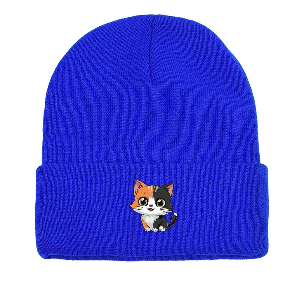 Cat Print Knitted Cap Beanie, Animal Woman Cap Lightweight Thermal Sporting Headwear Knit Hat Beanie