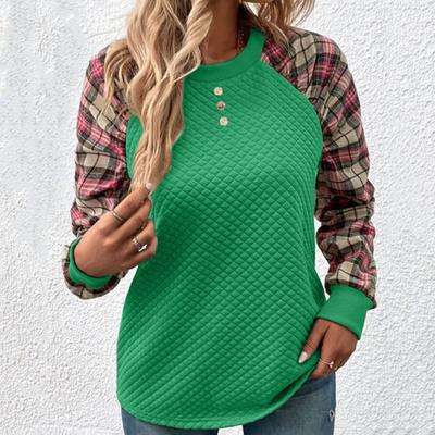 Женская толстовка осень-весна с принтом в клетку, с круглым вырезом, свободная, с длинными рукавами, с ромбовидной текстурой, повседневная одежда, спортивный топ