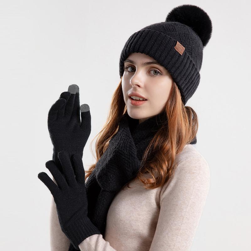 Зимняя вязаная шерстяная шапка, женская теплая шапка, шарф, перчатки, трехсекционная защитная шапка для ушей, шапка с рукавами, шапочки Skullies