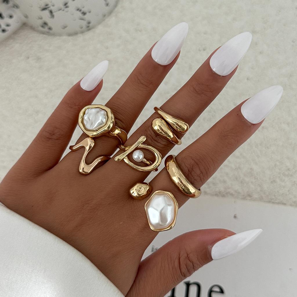 Ingemark 6Pcs/Set Boho Imitation Pearls Metal Ring Women Trendy Punk Irregular Geometry Hollow Wide Knuckle Ring Set New Jewelry