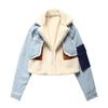 Stylish Velvet Lined Denim Patchwork Jacket - Women's Winter Lamb Wool Motorcycle Coat