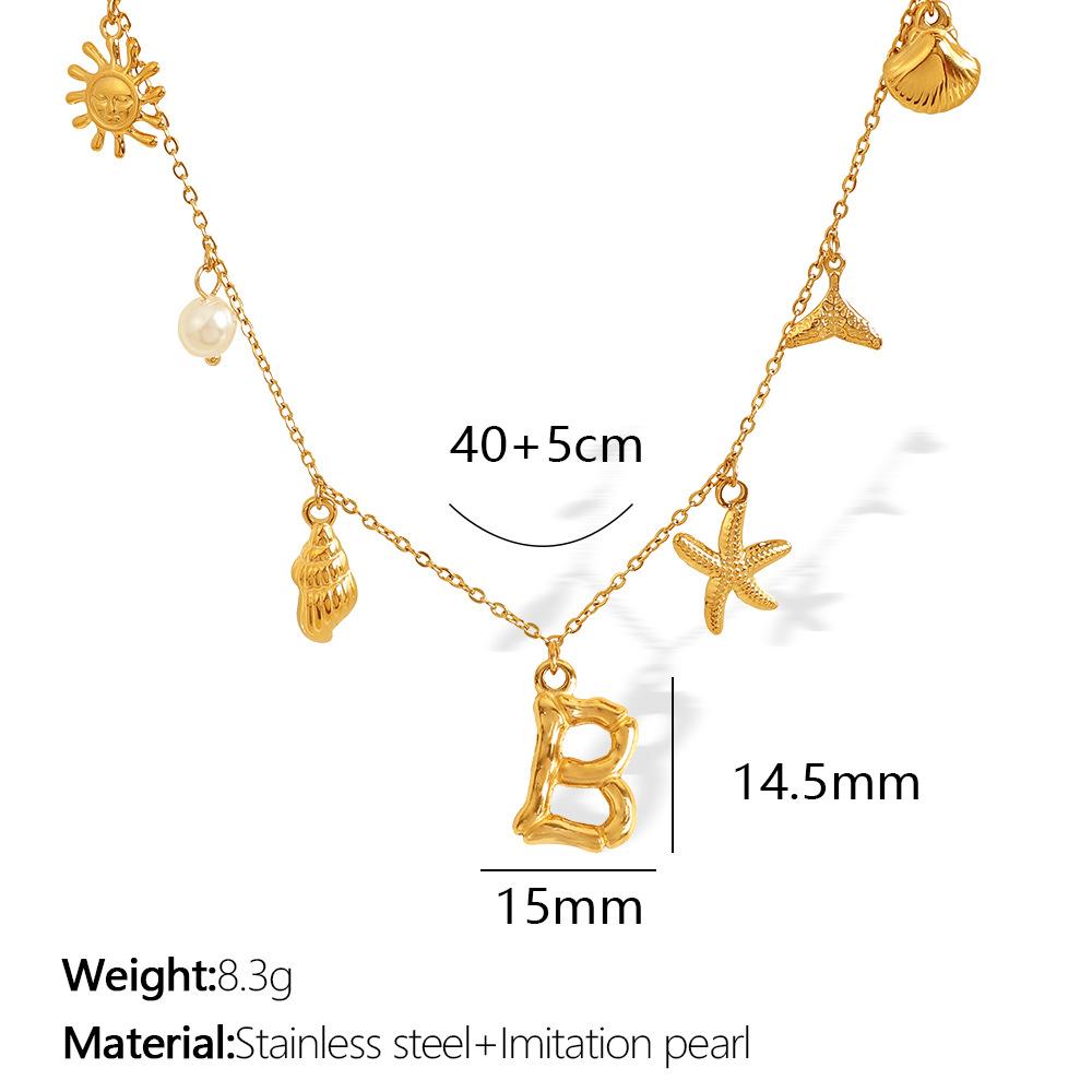 New Arrival Gold Boho Ocean Conch Starfish Shell Charm Necklace Stainless Steel A-Z Alphabet Initial Letter Beach Necklace Women