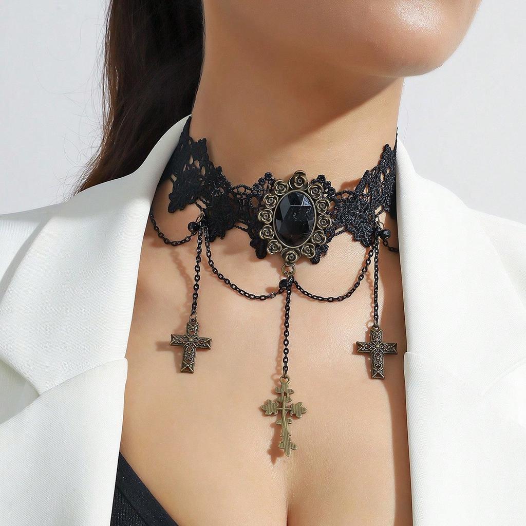 Аксессуары Черная кружевная цепочка на шею, Цепочка на ключицу Легкая роскошь Высокий класс, Ажурное ожерелье с бахромой в готическом стиле Женское