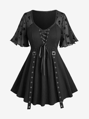 Rosegal Plus Size Черепа Звезды Сетка Флокированные Рукава Шнуровка Пряжка Люверсы Ремешки Складки Топ