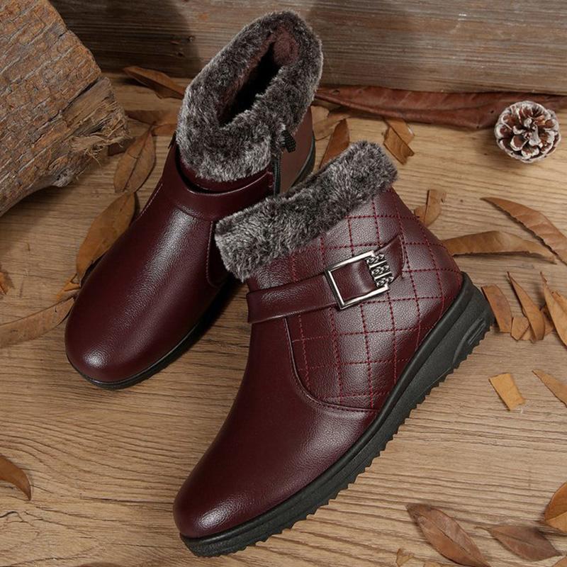 Fashion Retro Faux Pu Leather Snow Boots Women Winter 2025 Zipper Up Wedges Snow Boots Woman Anti Slip Furry Warm Booties Female