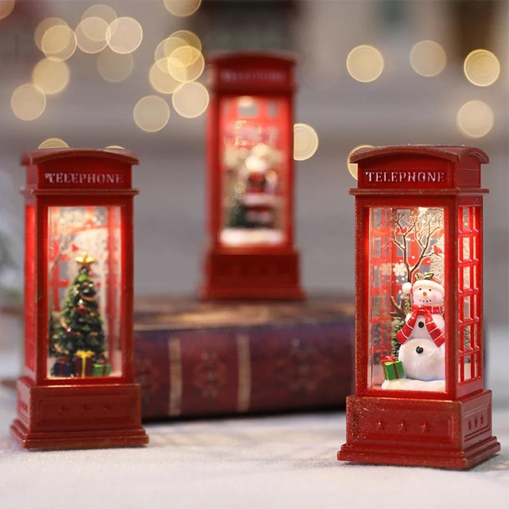 Festive Christmas Telephone Booth Decor Bright Desktop Ornaments Battery Powered Red Telephone Booth Lantern Party Prop for Home Bedroom