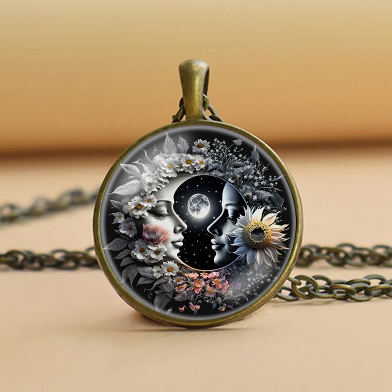 Moon and Sun Glass Cabochon Pendant, Moon and Sun Necklace, Moon Sun Jewelry for Women