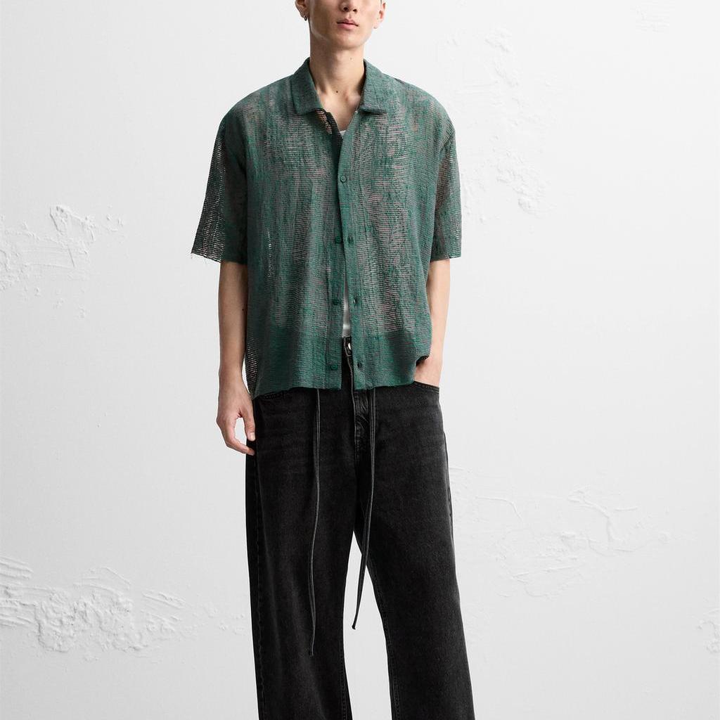 Zara Рубашка поло с коротким рукавом из жаккардовой вязки, мужская рубашка, зеленая 4805306-500