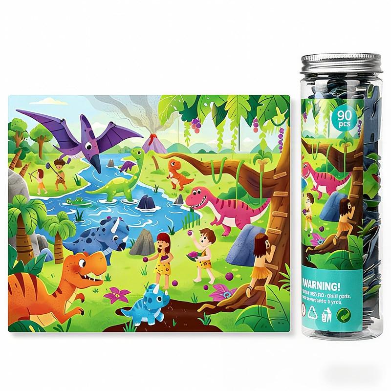 Dinosaur World Puzzle 90 Pieces, Educational Toy for Kids Ages 3-5, Logic & Concentration Game with Storage Bucket