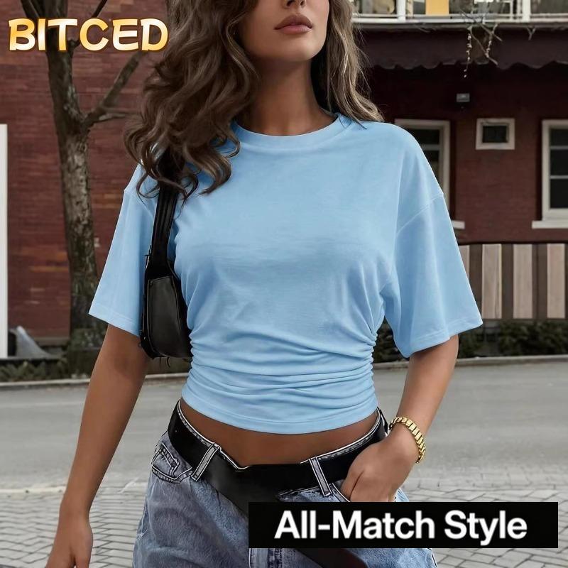 BITCED Женские модные повседневные блузки и рубашки с коротким рукавом и круглым вырезом