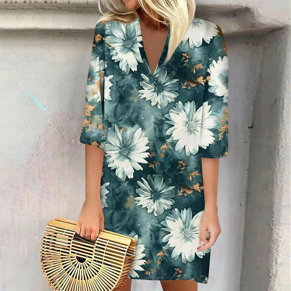 Summer Dresses For Women 2024 Fashion Casual Printed Loose V Neck 3/4 Sleeve Dress