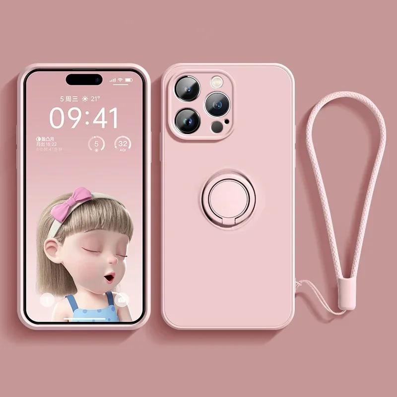 Magnetic Soft Silicone Case For 15 13 14 12 11 Pro Max X XS XR Plus Mini Phone Ring Holder Stand Cover With Wrist Strap