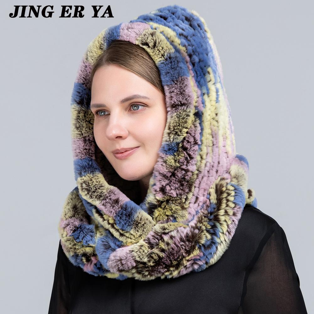 JINGERYA новая женская вязаная шапка с мехом кролика рекс, шарф с капюшоном, длинная зимняя теплая меховая шапка с шейным воротником, шарфы, шапка, шарф