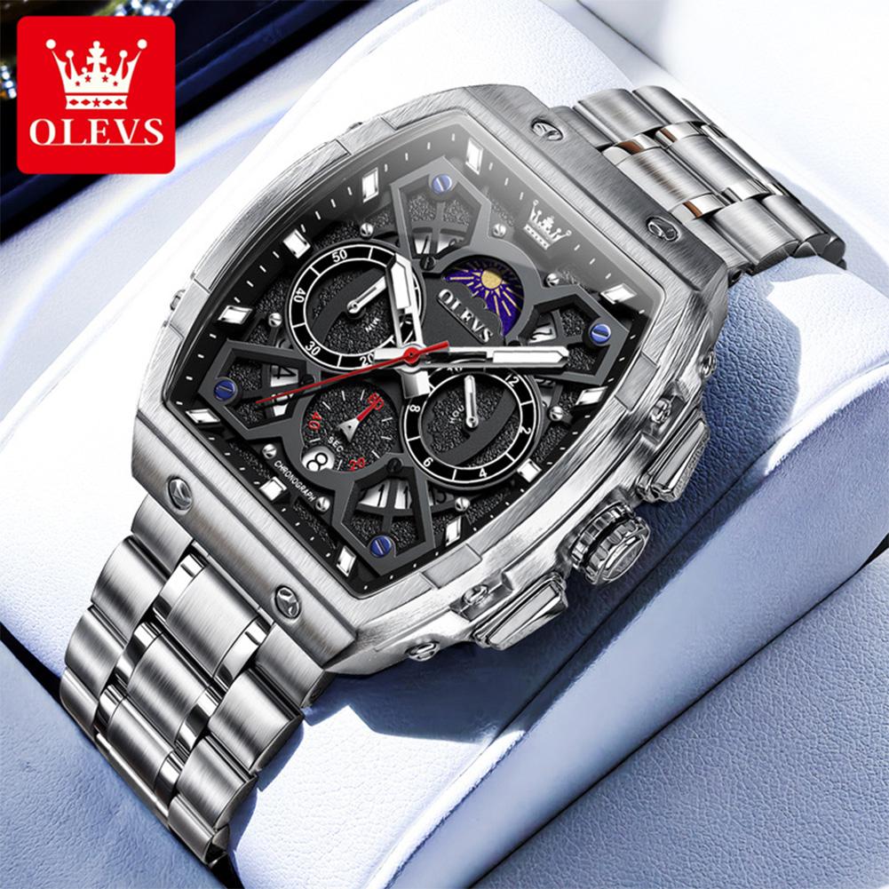 OLEVS Mens Chronograph Watch Original Tonneau Quartz Watch Waterproof Luminous Stainless Steel Watches For Men