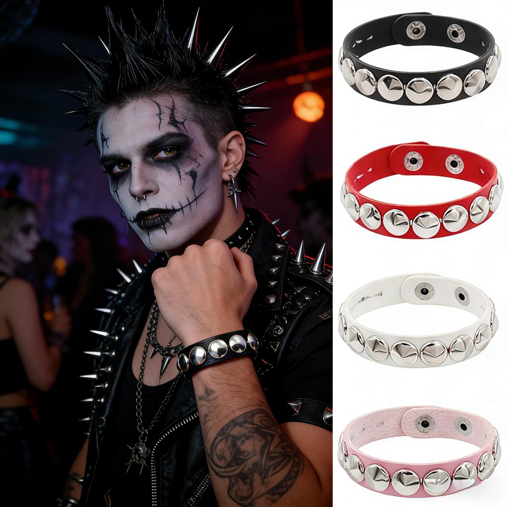 Punk Leather Bracelet, Rivet Spike Wristband, Gothic Chain Cuff, Rock Jewelry, Streetwear Accessory, Biker Hand Band, Unisex