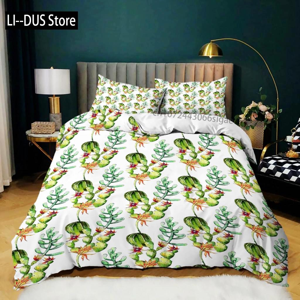 Пододеяльник с кактусами Queen King Полиэстер Акварельный принт с кактусами Букет колючих зеленых растений Цветы Комплект постельного белья Twin
