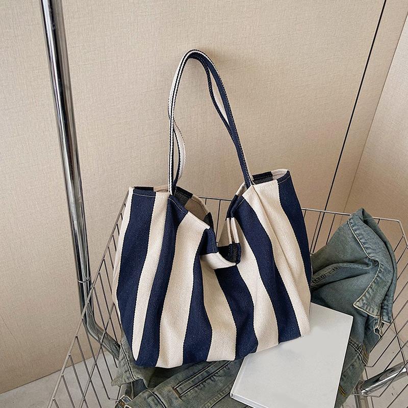 Женская полосатая сумка через плечо Простая сумка для переноски Большая вместимость Стильная плечевая сумка Повседневная сумка для покупок Холщовая сумка для поездок на работу