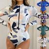 Women'S Slim Fit Striped Long Sleeved Sunblock Conservative Zipper Swimsuit Fashion Flower Printing Zipper Round Neck Swimwear