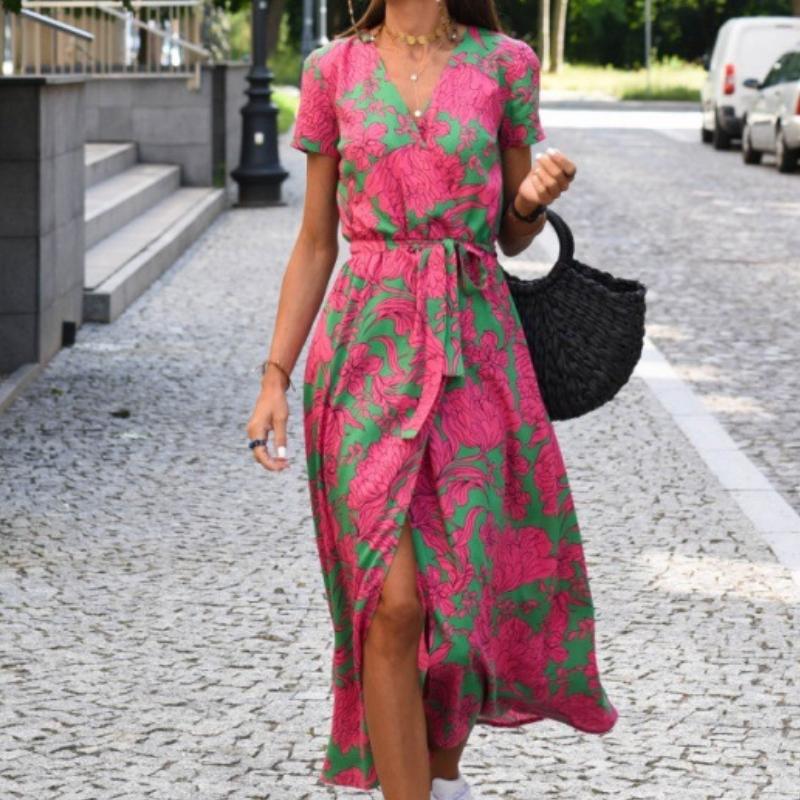 GMXIA Женские модные летние весенние однотонные повседневные платья с v-образным вырезом и короткими рукавами и высокой талией