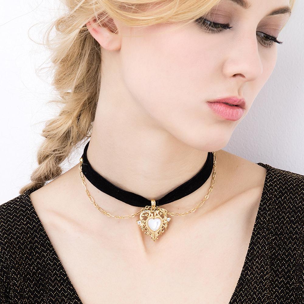Party Imitation Pearls Velvet Jewelry Short Vintage Love Heart Heart Necklace Pendant Choker Chain
