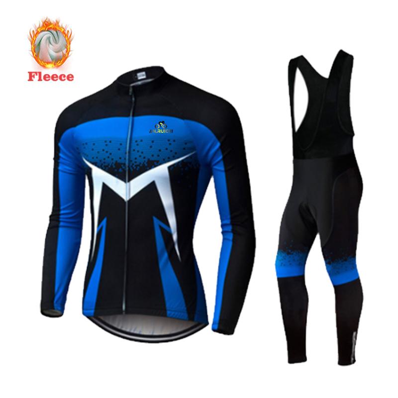 Зимняя термофлисовая одежда для велоспорта с длинными рукавами, мужской флуоресцентный зеленый велосипедный трикотаж, костюм для езды на велосипеде, горный велосипед, комплект из джерси с нагрудником и брюками