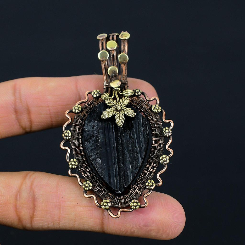 Черный турмалин, грубый драгоценный камень, медная проволока, подвеска ручной работы, ювелирный подарок для любви
