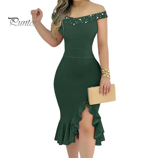 Evening Dress Off Shoulder Sheath Sleeveless Irregular Ruffle Hem Slim Fit Solid Color Faux Pearl Decor Midi Dress for Party Prom Wedding